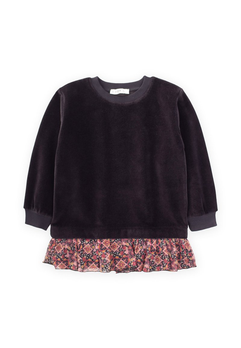 Maglietta a maniche lunghe di colore viola scuro con scollatura e polsini a coste, caratterizzata da un ruffle a stampa floreale sovrapposto all'orlo in tonalità rosa e blu navy.