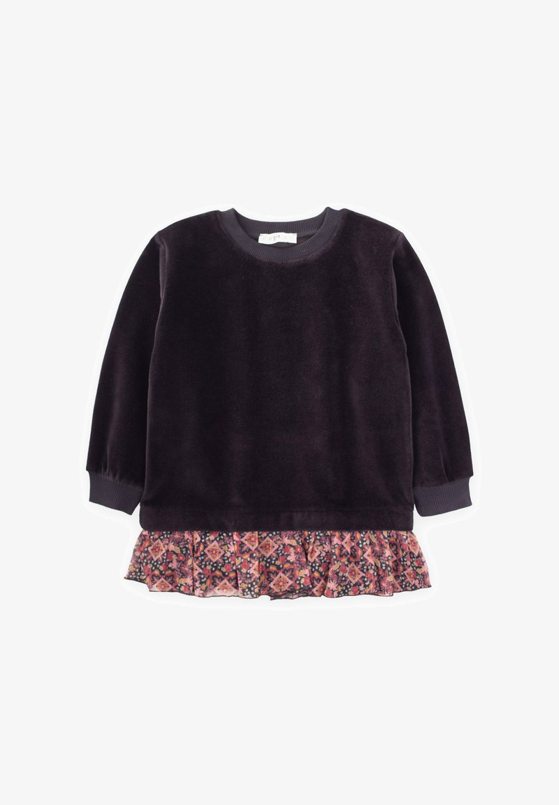 Maglietta a maniche lunghe di colore viola scuro con scollatura e polsini a coste, caratterizzata da un ruffle a stampa floreale sovrapposto all'orlo in tonalità rosa e blu navy.