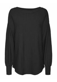 Pull-over noir à manches longues avec un large col, une texture côtelée et des épaules légèrement tombantes. Ourlet arrondi et poignets ajustés.