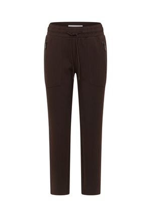 Braune Jogginghosen aus weichem Stoff, mit einem Kordelzugbund, zwei Reißverschlusstaschen und tapered Bein Design. Sanfte Textur, lockere Passform.