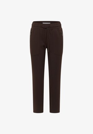 Pantaloni jogger marroni in tessuto morbido, con vita regolabile tramite cordino, due tasche con zip e design a gamba tapered. Texture liscia e vestibilità rilassata.