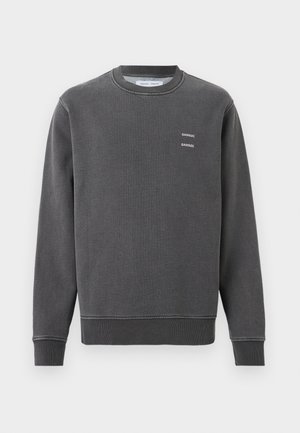 Dark gray crewneck sweatshirt with ribbed cuffs and hem, featuring small white "SAMSOE SAMSOE" text on the left chest.