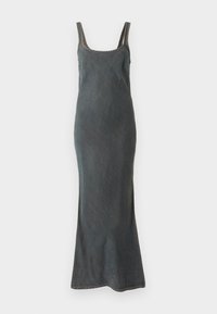 Denim maxi dress in dark blue with thin shoulder straps, scoop neckline, and contrasting stitching along the edges and seams.