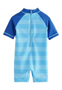 Blauer Neoprenanzug mit kurzen Ärmeln, der horizontale hell- und dunkelblaue Streifen aufweist, einen Reißverschluss auf der Rückseite und eine kleine Hundegrafik nahe dem Saum.