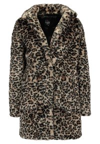 Leopardprint faux fur frakke med notch-krave, lange ærmer, frontknaplukning og sidelommer; blød tekstur og varm udseende.