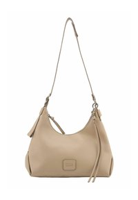 Sac à bandoulière en cuir beige avec une silhouette courbée, une bandoulière réglable, une poche zippée sur le côté et un accent logo sur le devant.