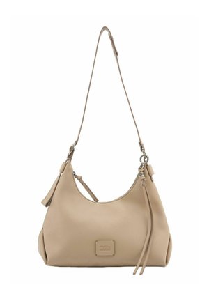 Sac à bandoulière en cuir beige avec une silhouette courbée, une bandoulière réglable, une poche zippée sur le côté et un accent logo sur le devant.