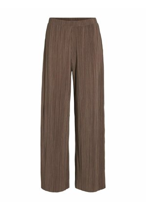 Pantalons larges plissés d'un riche marron. Le tissu présente des rayures verticales, avec une finition texturée et une ceinture élastique confortable.