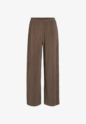 Pleated wide-leg trousers in a rich brown color. Fabric features vertical stripes, with a textured finish and a comfortable elastic waistband.