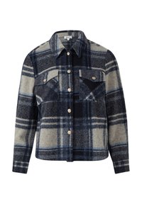 Blau-grau kariertes Hemdjacke mit langen Ärmeln, Kragen und zwei aufgesetzten Taschen mit Klappen und Knöpfen vorne.