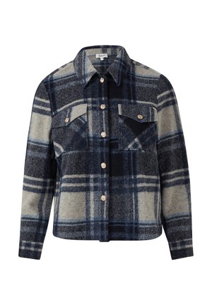 Blau-grau kariertes Hemdjacke mit langen Ärmeln, Kragen und zwei aufgesetzten Taschen mit Klappen und Knöpfen vorne.