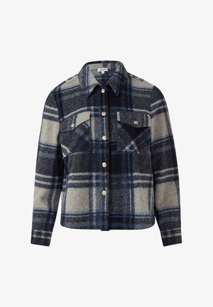 Blauwgrijs geruit overhemdjack met lange mouwen, kraag en twee voorzakken met klep en knopen.