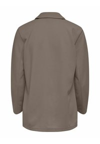 Braune, langärmlige Jacke mit einem Kragen und glatter Textur; verfügt über ein minimalistisches Design und keine sichtbaren Verschlüsse.