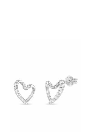 Orecchini a perno a forma di cuore in argento con una fila di piccoli cristalli trasparenti lungo un lato di ogni cuore.