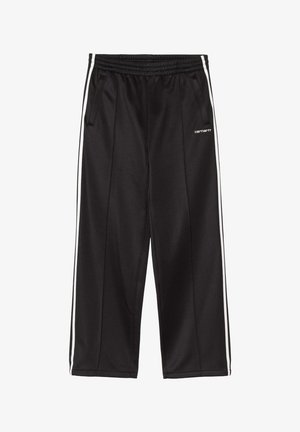 Czarne spodnie dresowe z białymi bocznymi paskami, elastycznym pasem, bocznymi kieszeniami oraz małym białym logo Carhartt na lewej udzie.