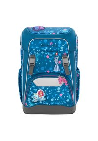 Zaino blu e turchese con motivo a bolle, tema sirena, accenti di stelle rosa, due fibbie e una tasca frontale con zip.