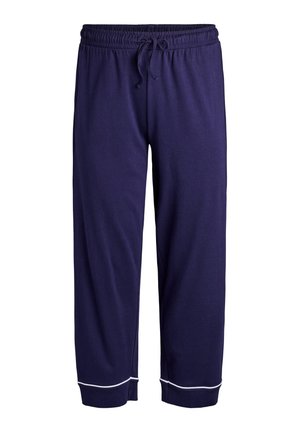 Navy blue sweatpants made of soft fabric, featuring an elastic waistband with a drawstring, and white accent stitching at the cuffs.