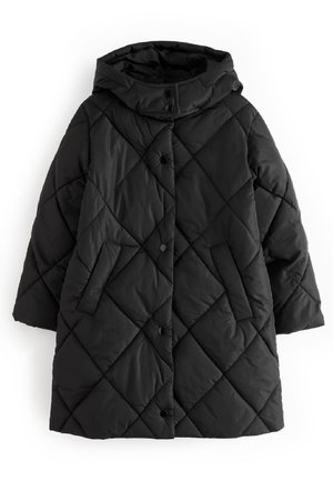 Czarny pikowany płaszcz z kapturem, zapinany z przodu na zatrzaski, z dwoma bocznymi kieszeniami, zaprojektowany na zimne warunki.