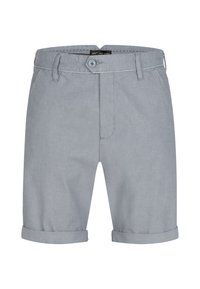 Helle graue Baumwollshorts mit umgeschlagenen Säumen, Knopfverschluss und flachem Design. Sie verfügen über Gürtelschlaufen und eine dezente, strukturierte Oberfläche.