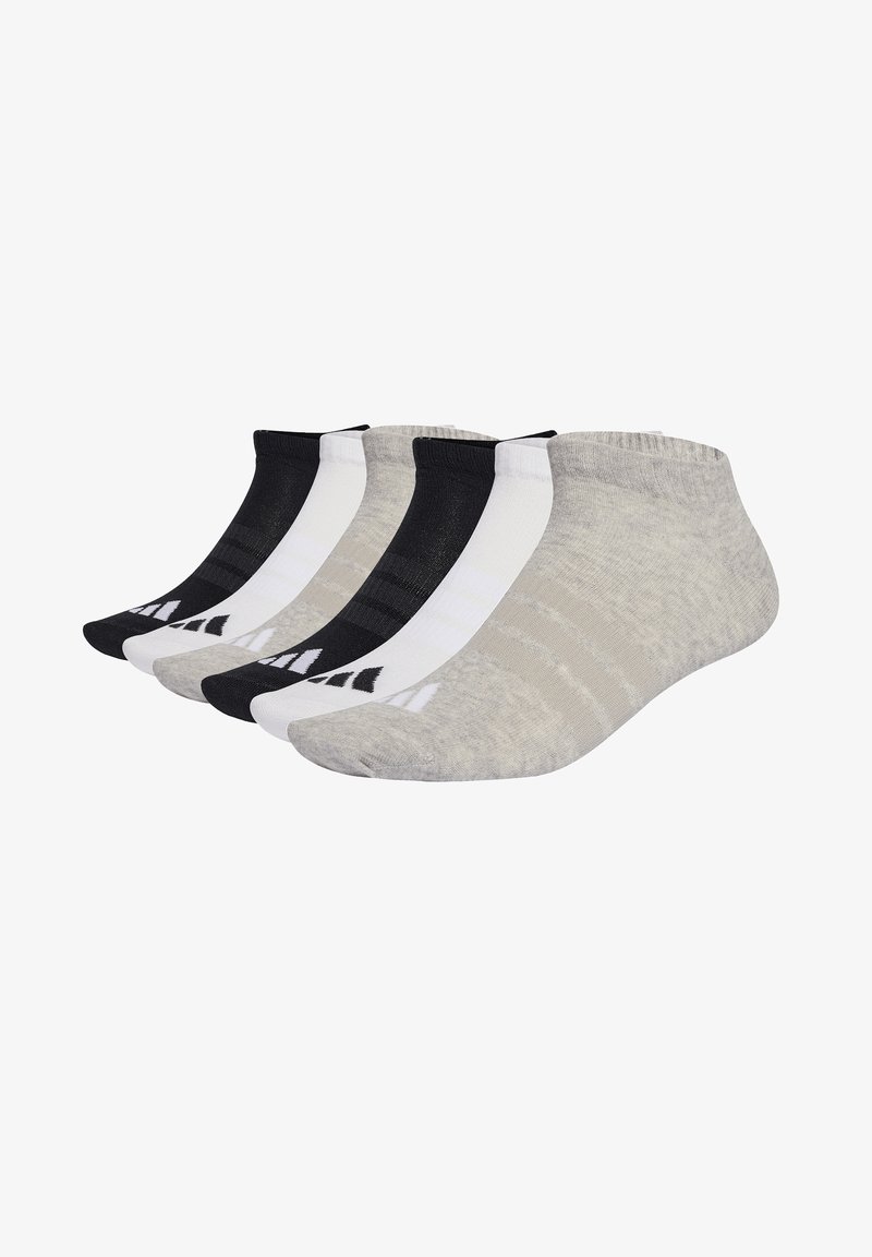 Sechs Paar Knöchelsocken in Schwarz, Weiß und Grau, mit unterschiedlichen Texturen und Mustern, ausgestattet mit elastischen Bündchen für einen sicheren Sitz.