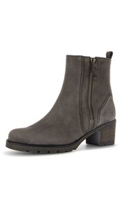 Bottine grise en daim avec une fermeture éclair sur le côté, talon empilé et détails de couture. Présente une pointe arrondie et une semelle texturée.