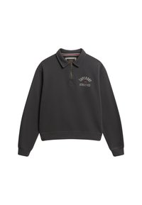 Pull en molleton gris zippé avec col polo et un petit logo imprimé "SUPERDRY ATHLETICS" sur la poitrine gauche. Texture douce, coupe décontractée.