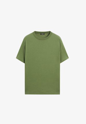 Olive green cotton T-shirt with short sleeves, crew neck, and a simple, smooth texture. No visible patterns or graphics.