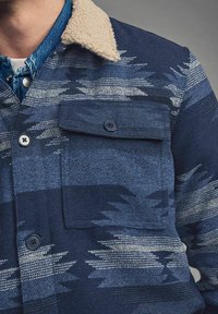 Modrý vzorovaný kabát s bé�žovým beránkovým límcem, který má kapsu na knoflík a texturovanou tkaninu v různých odstínech modré.