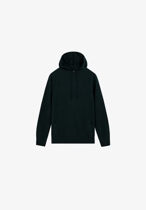 Donkergroene hoodie van zachte stof, met een voorzak in kangoeroe-stijl, verstelbare trekkoordcapuchon en ribgebreide manchetten en onderkant.