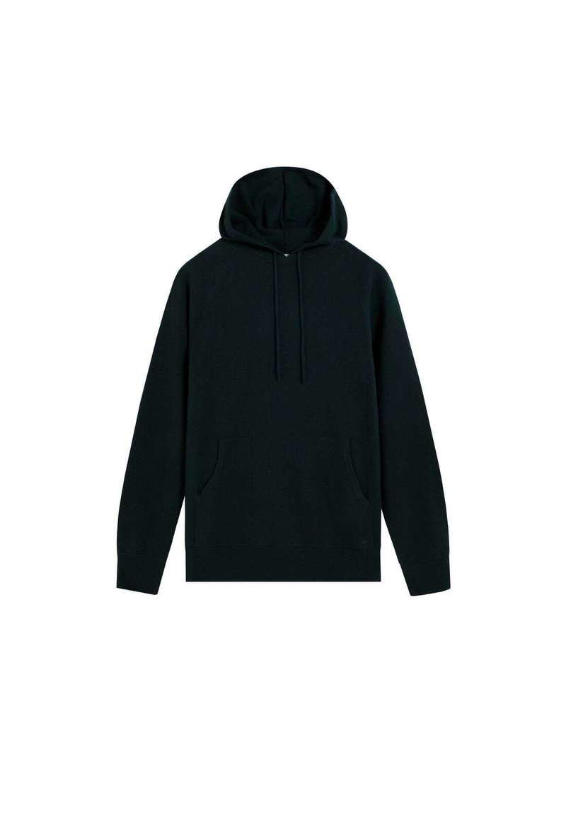 Sudadera de color verde oscuro, fabricada con un tejido suave, que presenta un bolsillo canguro en la parte frontal, capucha ajustable con cordón y puños y dobladillo de canalé.