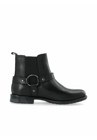 Svart läderankleboot med elastiska paneler, cirkulär metallring som accent och staplad klack. Slen yta med minimala sömnadsdetaljer.