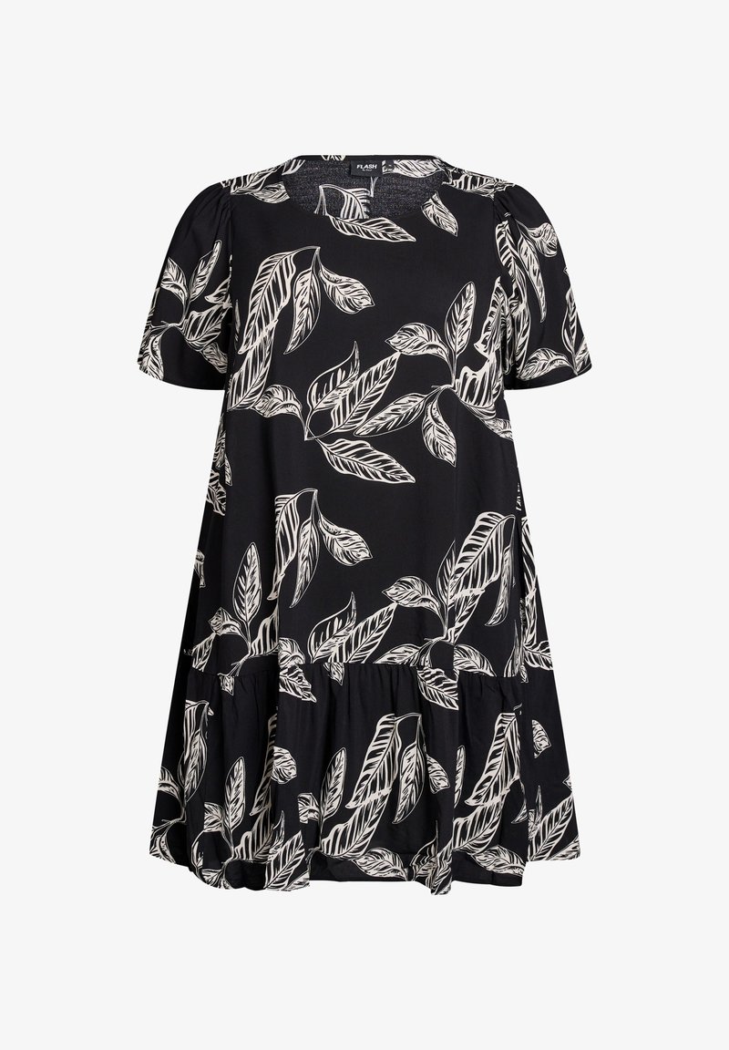 Melnas īsām piedurknēm apģērbs ar brīvu piegriezumu un baltu lapu rakstu, ar apaļu kakla izgriezumu un drapējošu apakšmalu.