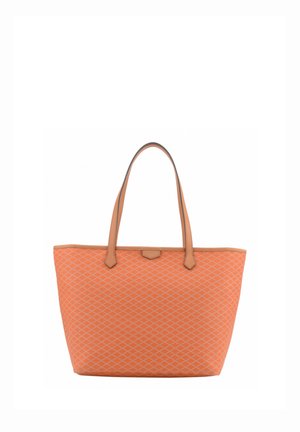 Sac cabas orange avec motif losange, deux poignées beige et une forme rectangulaire avec un sommet légèrement plus large.