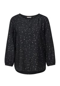 Camicia nera con bottoni, maniche lunghe e piccoli pois bianchi sparsi, polsini elastici e scollatura rotonda.