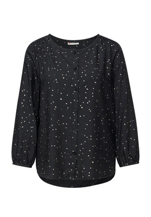 Svart skjorta med knappar, långa ärmar och spridda små vita prickar, elastiska ärmslut och rund halsringning.