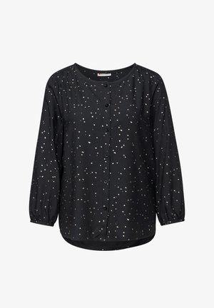 Czarna bluzka koszulowa z długimi rękawami, pokryta drobnymi białymi kropkami, z elastycznymi mankietami i okrągłym dekoltem.