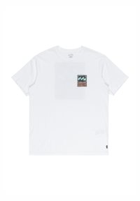 White cotton t-shirt featuring a rectangular patch with a wave graphic and text. Short sleeves, relaxed fit, and lightweight texture.