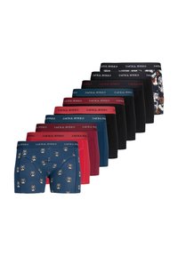 Zehn Paare Herren-Boxershorts in verschiedenen Farben und Mustern, in einer versetzten Reihe mit markierten Bündchen angeordnet.