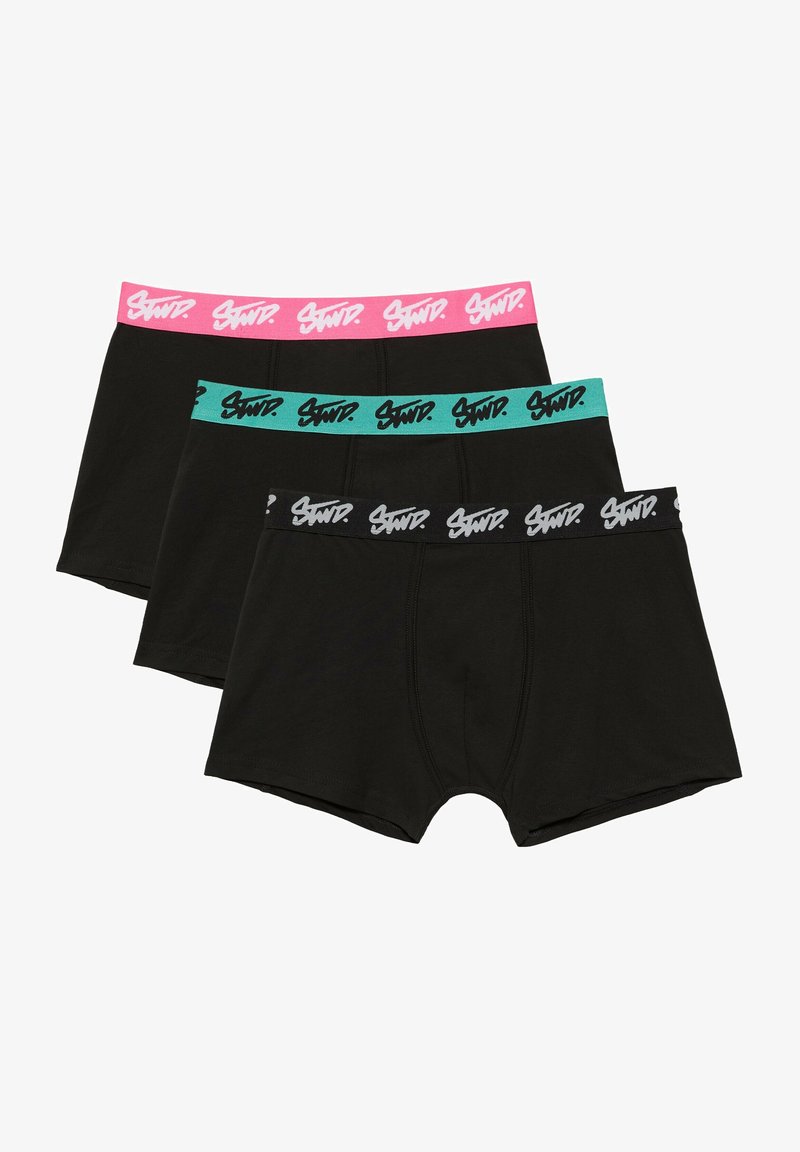 Trois boxers noirs avec de larges ceintures élastiques en rose, sarcelle et noir, chacun comportant un texte répétitif blanc du logo de la marque.