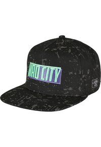 Must olla must snapback-kuppel, millel on tekstureeritud kangas ja mille ees on helesinise ja lilla värviga brodüüritud "MAD CITY" embleem ning väikesed graafilised mustrid.