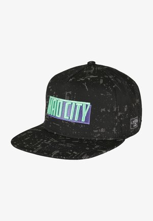 Black snapback cap with a textured fabric, featuring a "MAD CITY" embroidered patch in mint and purple on the front, and minor graphic patterns.
