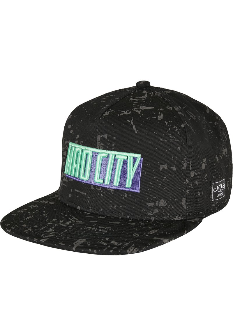 Must olla must snapback-kuppel, millel on tekstureeritud kangas ja mille ees on helesinise ja lilla värviga brodüüritud "MAD CITY" embleem ning väikesed graafilised mustrid.