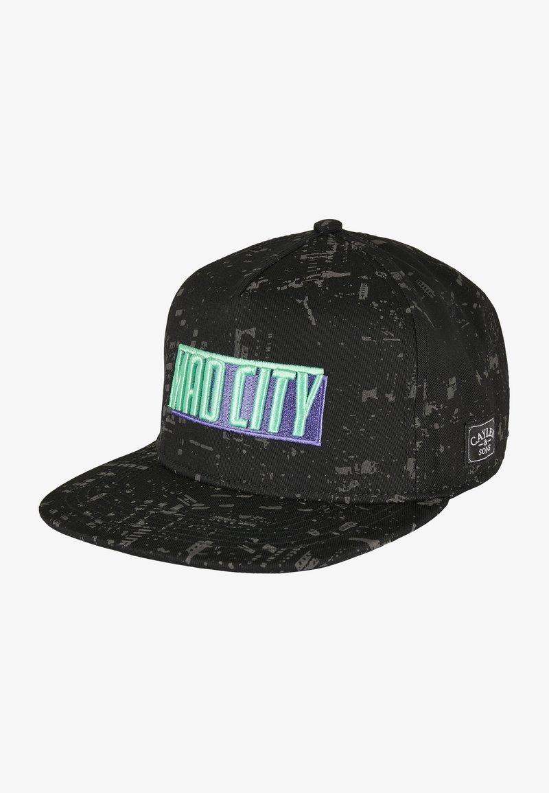 Black snapback cap with a textured fabric, featuring a "MAD CITY" embroidered patch in mint and purple on the front, and minor graphic patterns.