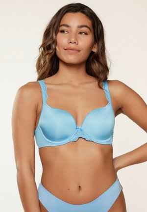 Light blue lingerie set featuring a padded bra with lace trim and adjustable straps, complemented by matching bikini-style briefs.