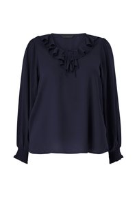 Navyblauwe blouse met lange mouwen, gerimpelde halslijn en strikdetail. Gladde stof met gathered manchetten voor extra textuur.