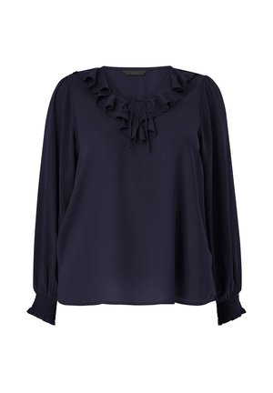 Navyblauwe blouse met lange mouwen, gerimpelde halslijn en strikdetail. Gladde stof met gathered manchetten voor extra textuur.