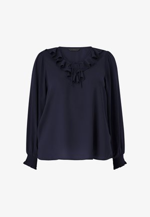 Navyblauwe blouse met lange mouwen, gerimpelde halslijn en strikdetail. Gladde stof met gathered manchetten voor extra textuur.