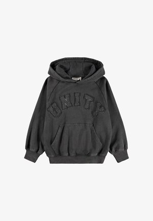 Felpa con cappuccio grigio scuro con la scritta "UNITY" ricamata in grandi lettere usurate sul petto e una tasca a marsupio frontale.