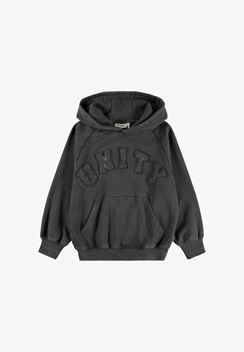 Sweat à capuche gris foncé avec le mot « UNITY » brodé en grandes lettres usées sur la poitrine et une poche kangourou à l'avant.