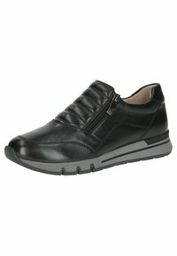 Sneaker in pelle nera con tomaia testurizzata, fasce elastiche, chiusura con zip e suola in gomma grigia caratterizzata da un motivo di battistrada distintivo.